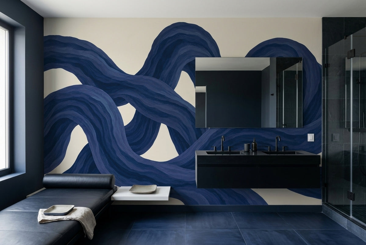 Looping Blue Ribbons Wallpaper Modern Painterly Wall Mural
