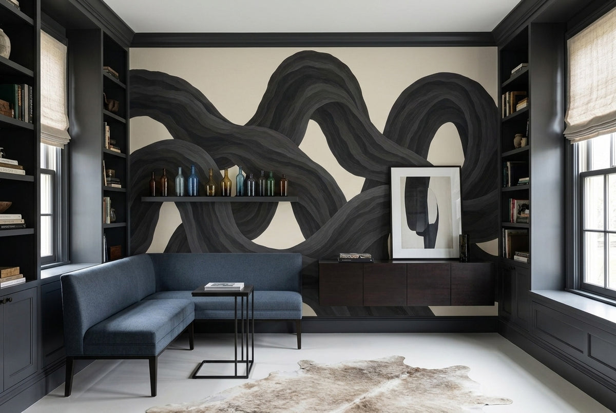 Black Ribbon Loops Wallpaper Organic Curves Wall Mural