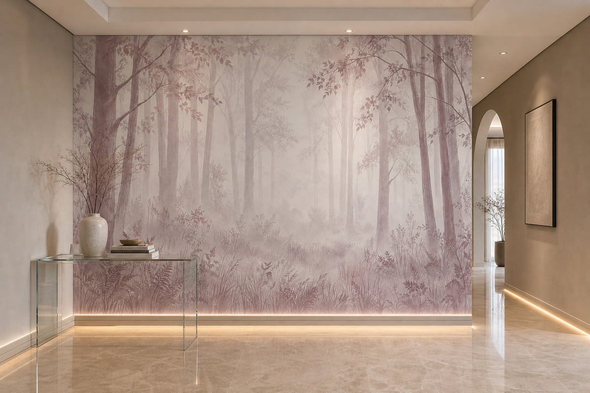 Misty Forest Trees Wallpaper Watercolor Landscape Wall Mural