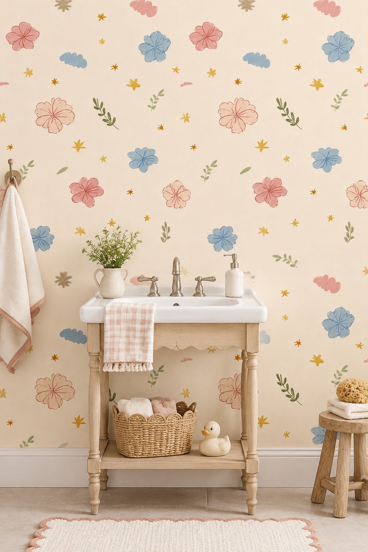 Hand Drawn Pastel Flowers Wallpaper Cream Background