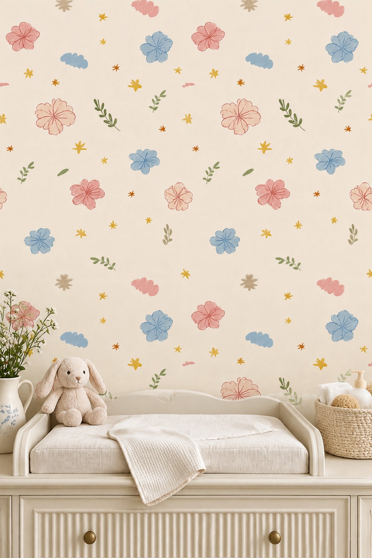 Hand Drawn Pastel Flowers Wallpaper Cream Background