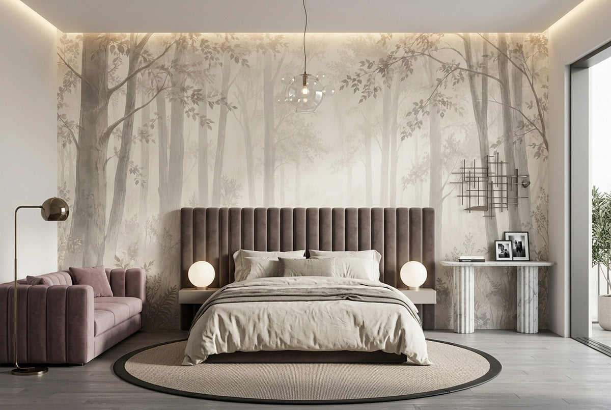 Misty Forest Trees Wallpaper Watercolor Woodland Wall Mural