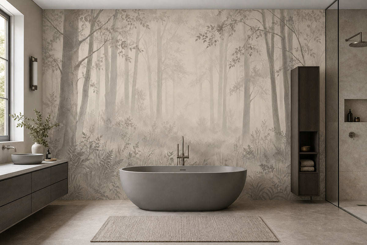 Misty Forest Trees Wallpaper Watercolor Woodland Wall Mural
