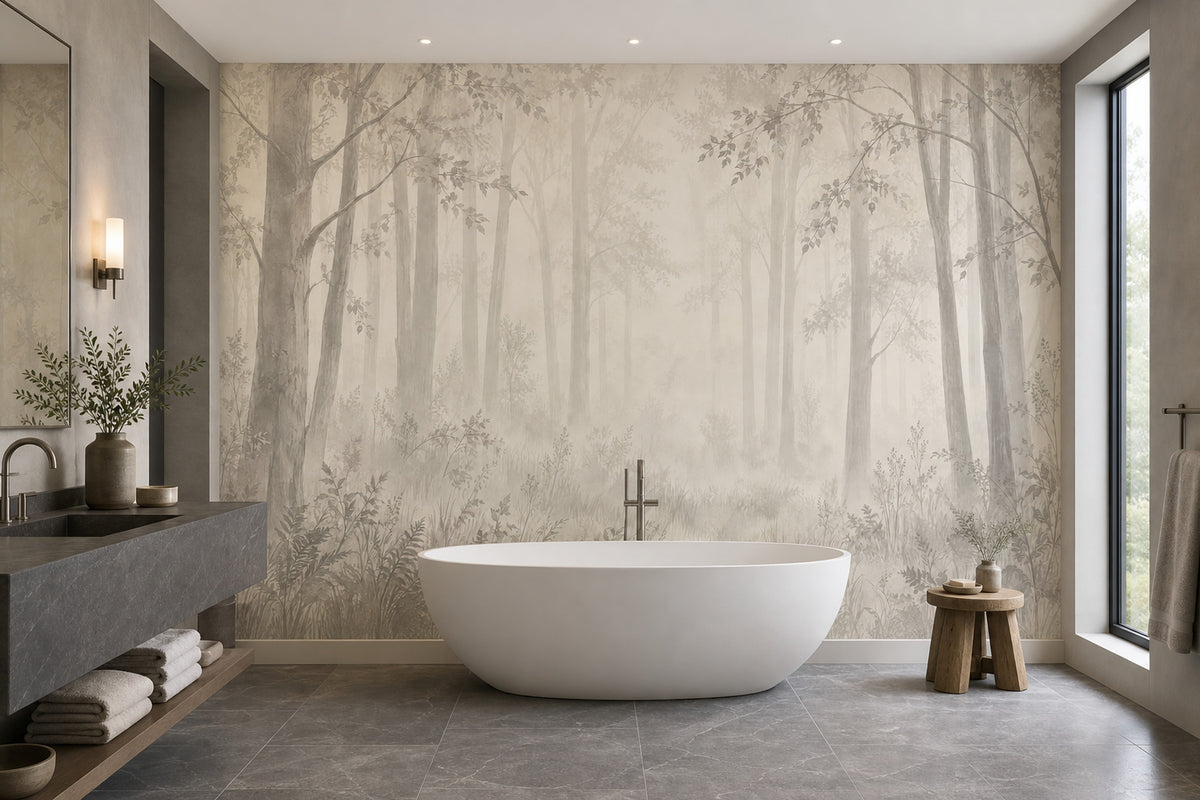 Misty Forest Trees Wallpaper Watercolor Woodland Wall Mural