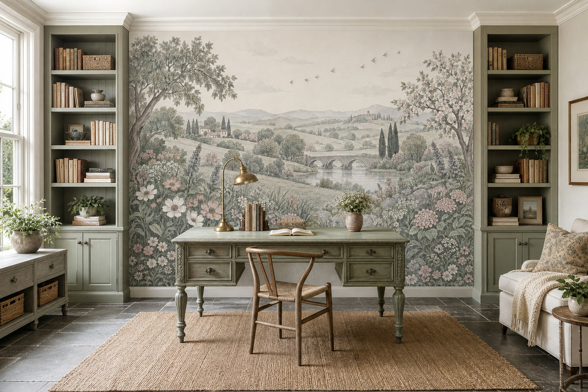 Stone Bridge And Cypress Trees Wallpaper Tuscan Countryside Wall Mural