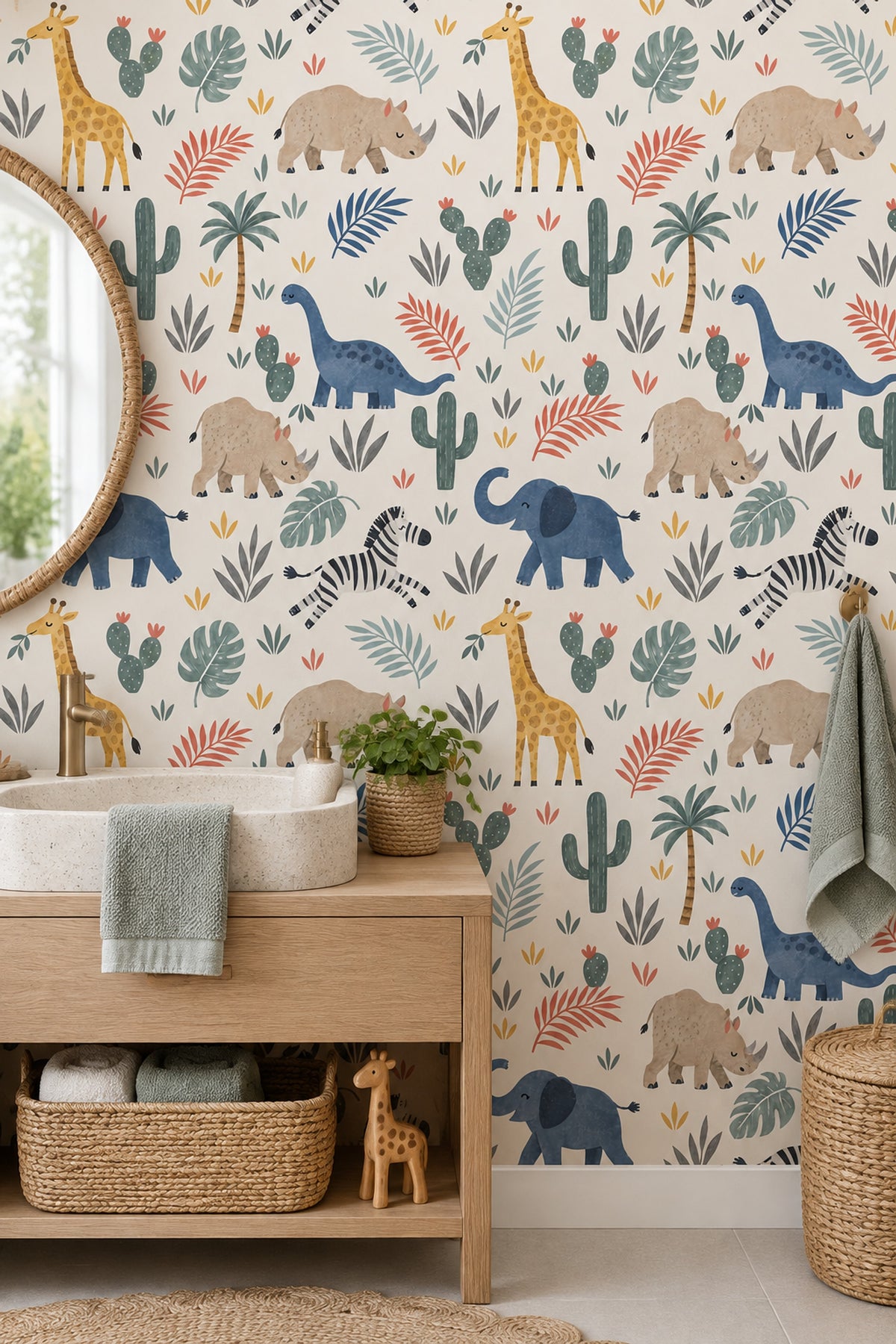 Safari Animals Wallpaper Tropical Leaves Pastel Cream
