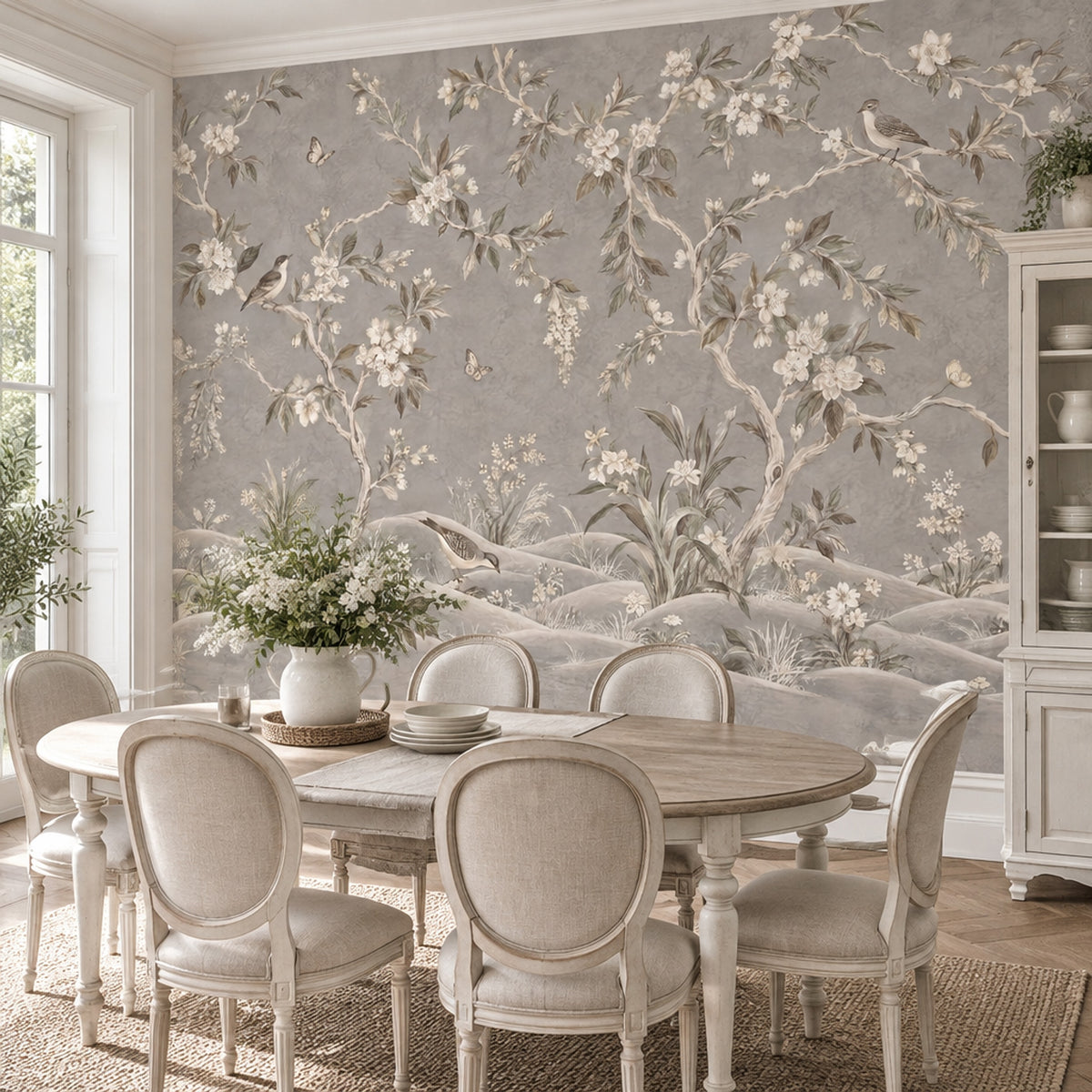 Blossom Branches And Birds Wallpaper Gray Chinoiserie Wall Mural