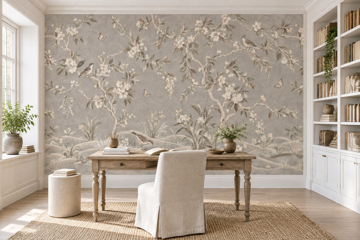 Blossom Branches And Birds Wallpaper Gray Chinoiserie Wall Mural