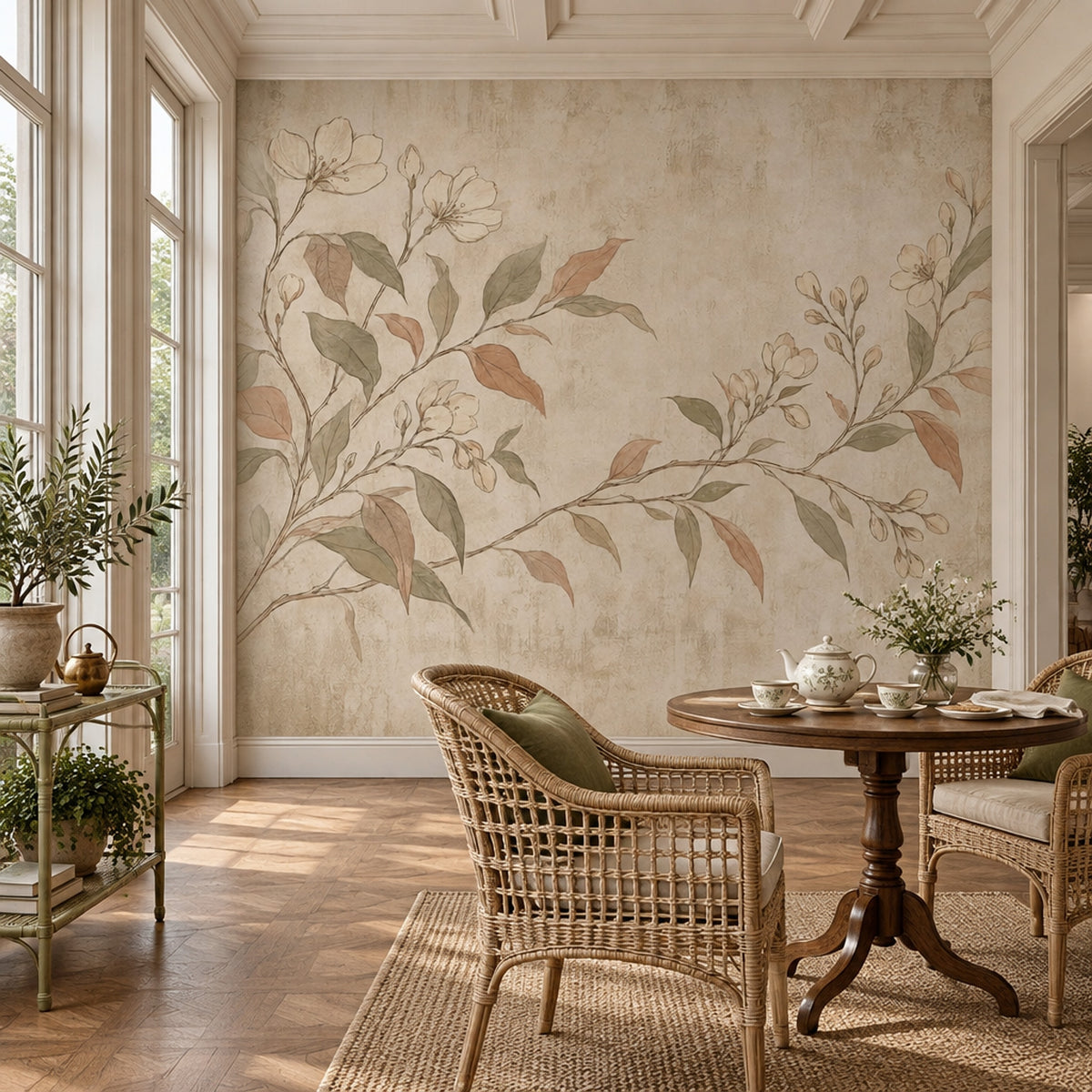 Vintage Botanical Branches Wallpaper Beige Textured Wall Mural