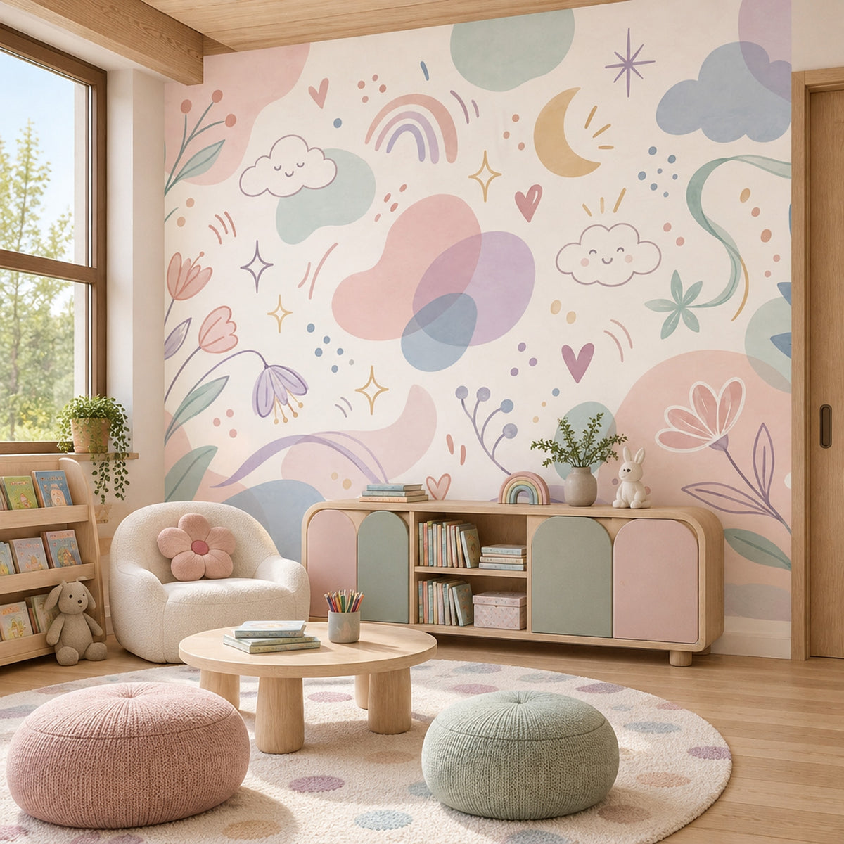 Smiling Clouds And Pastel Rainbow Wallpaper Whimsical Nursery Wall Mural