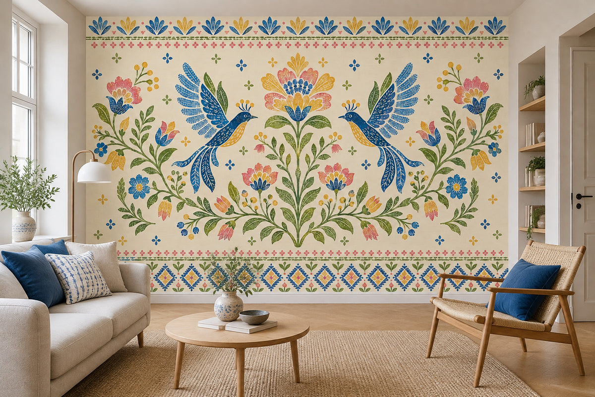 Symmetrical Blue Birds And Floral Wallpaper Folk Art Wall Mural