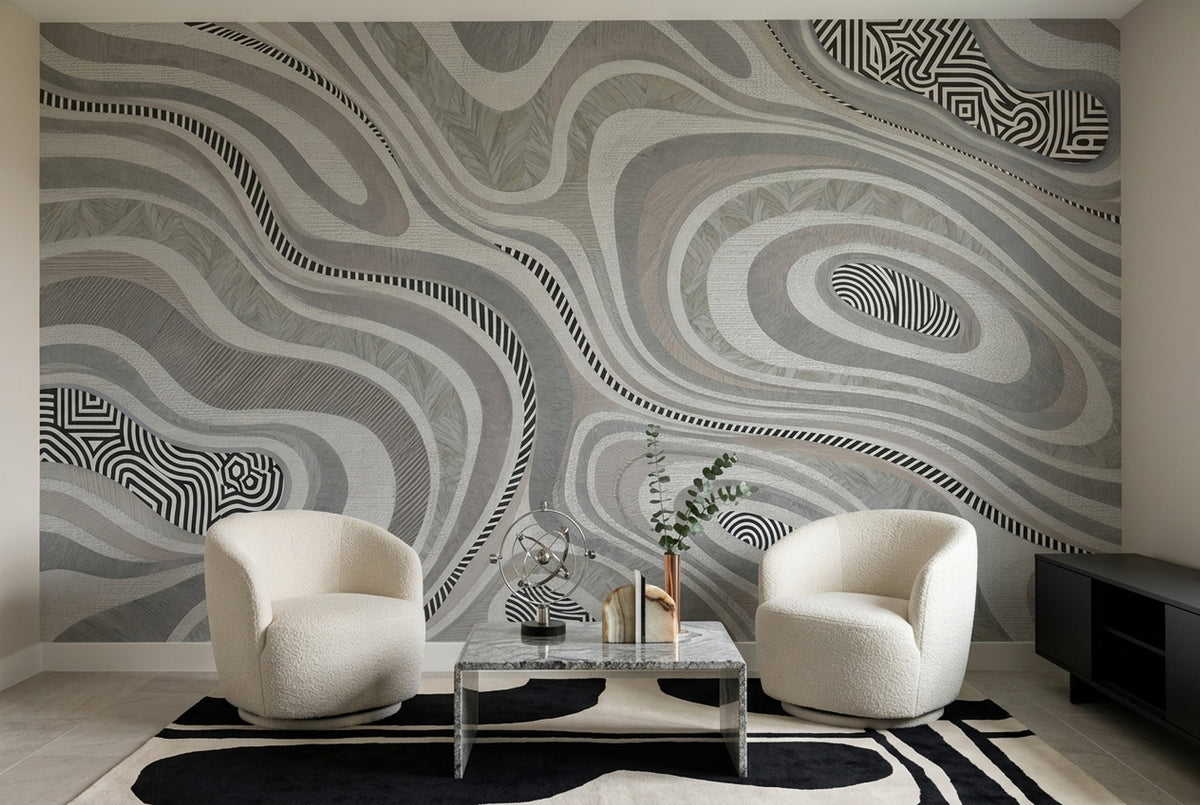 Layered Contour Lines Wallpaper Gray Textured Wall Mural