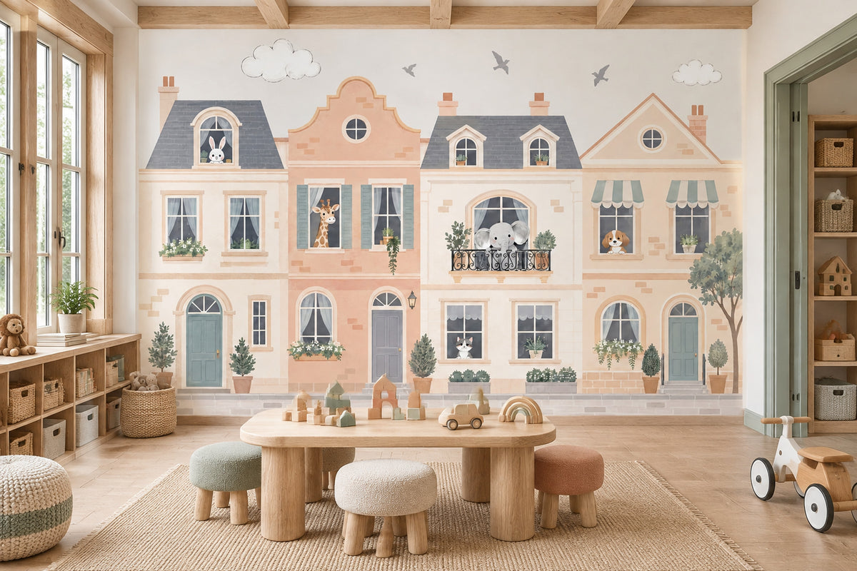 Pastel Townhouse Animals Wallpaper Storybook Street Wall Mural