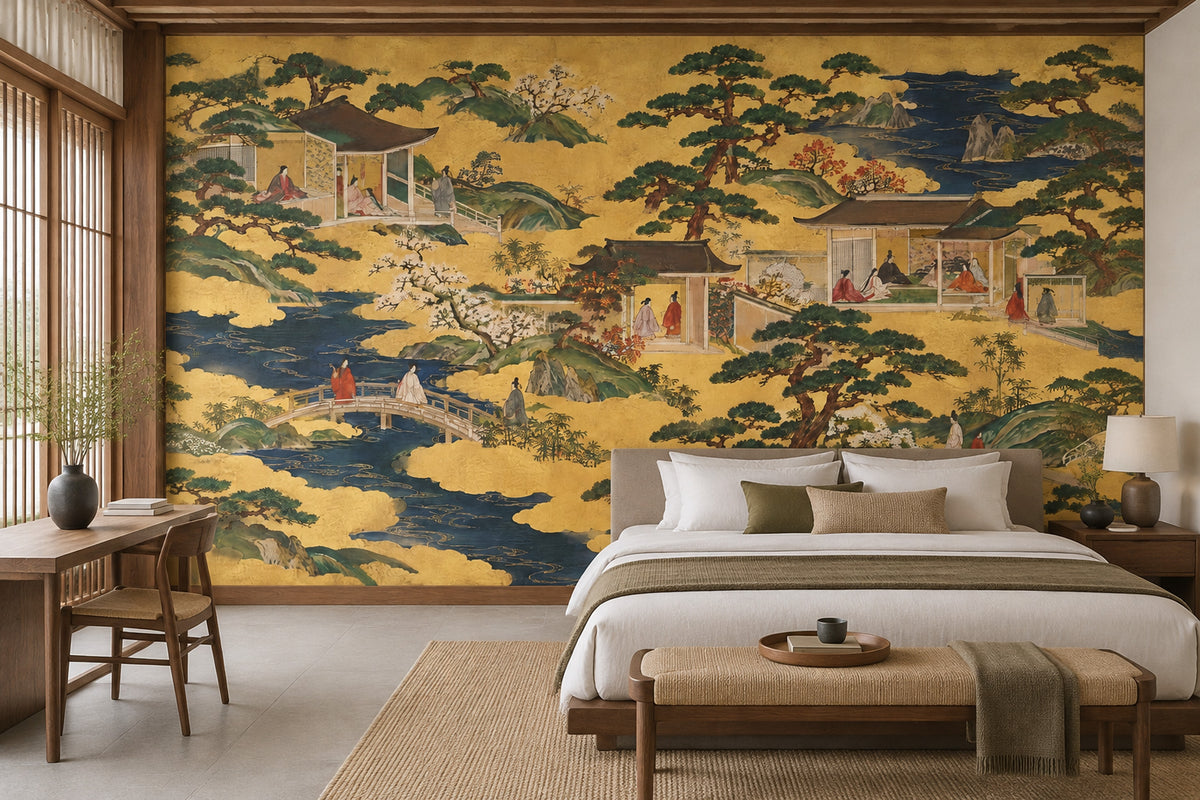 Japanese Palace Garden Wallpaper Gold Leaf Landscape Wall Mural