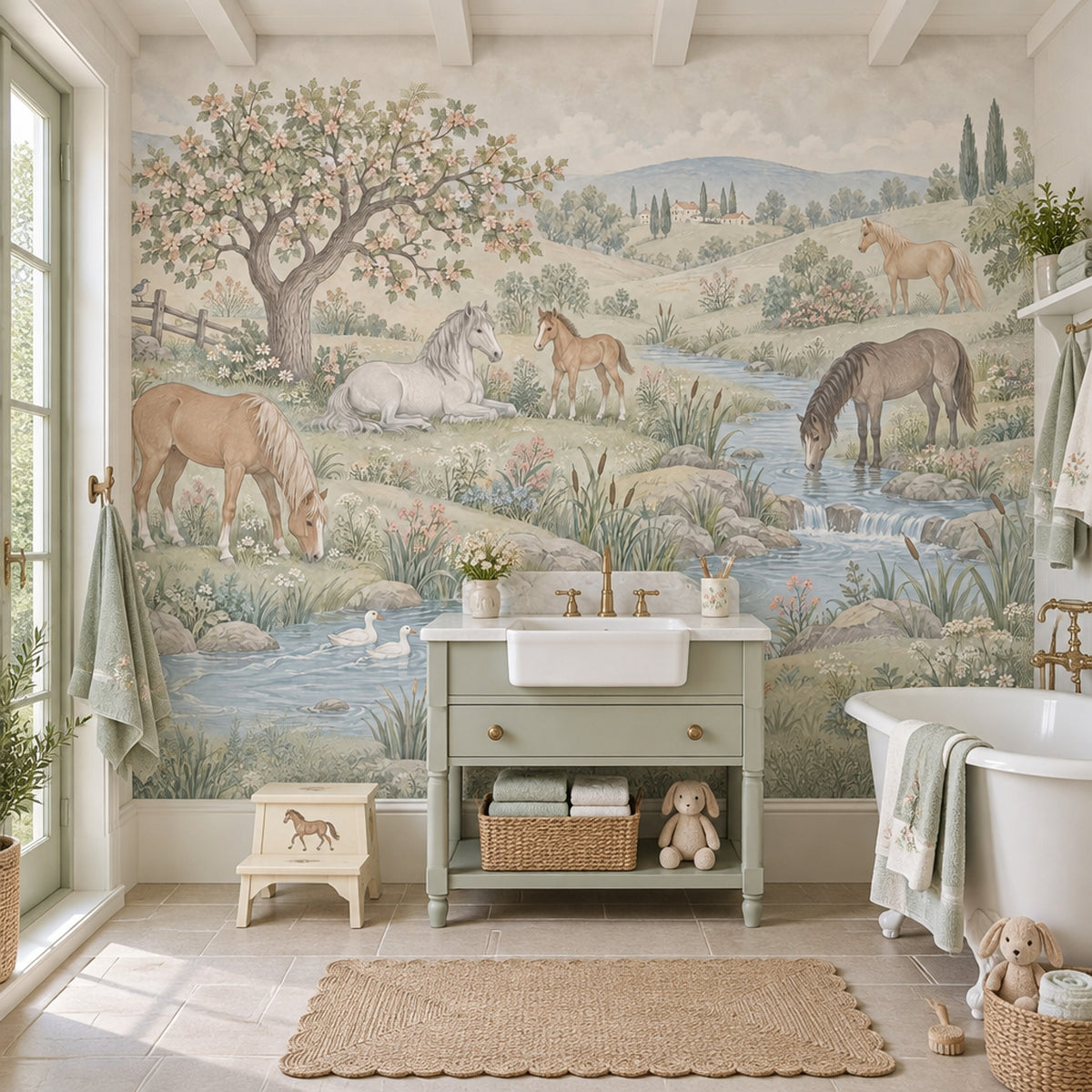 Horses By A Country Stream Wallpaper Pastoral Landscape Wall Mural
