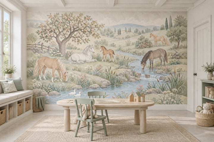 Horses By A Country Stream Wallpaper Pastoral Landscape Wall Mural