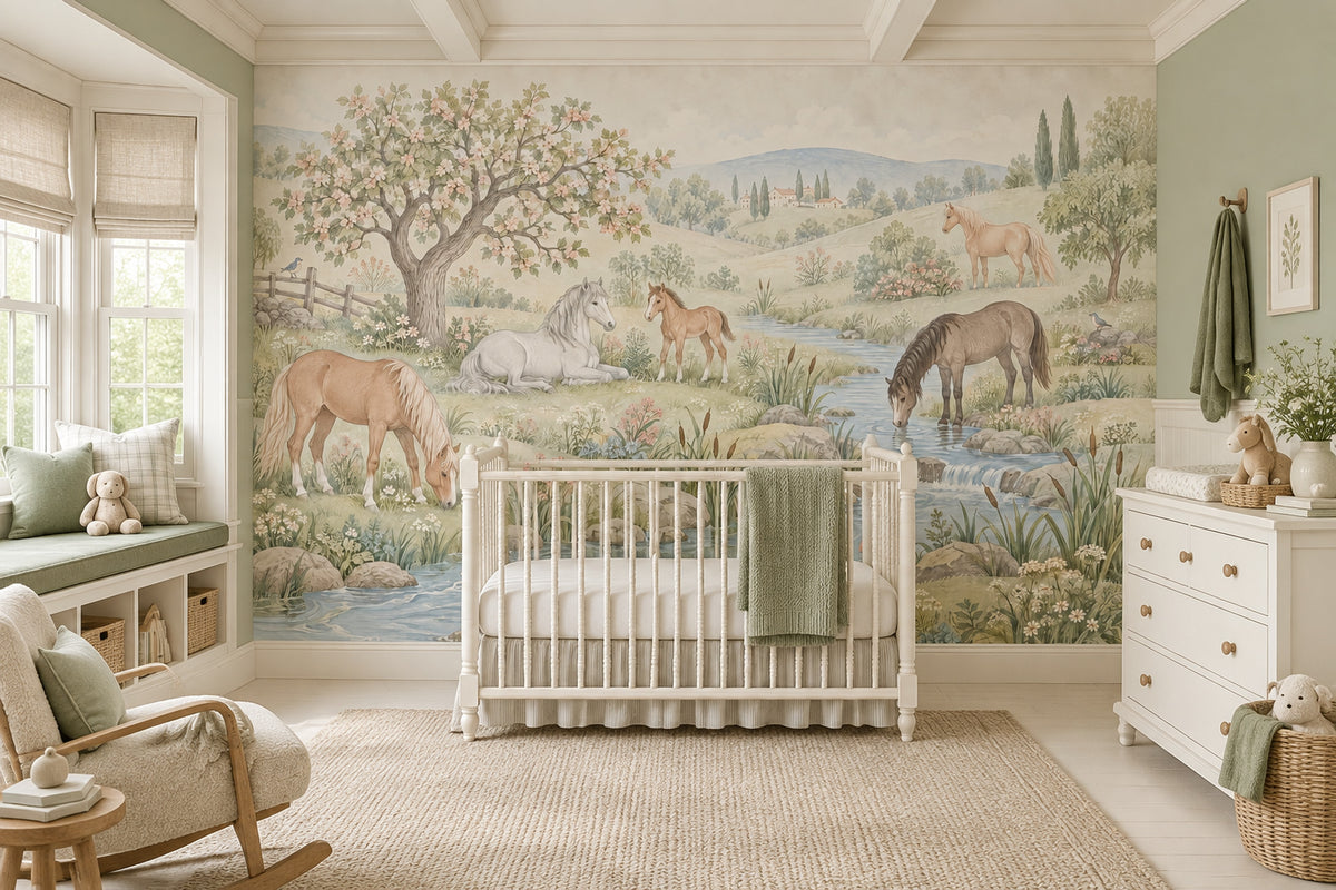 Horses By A Country Stream Wallpaper Pastoral Landscape Wall Mural