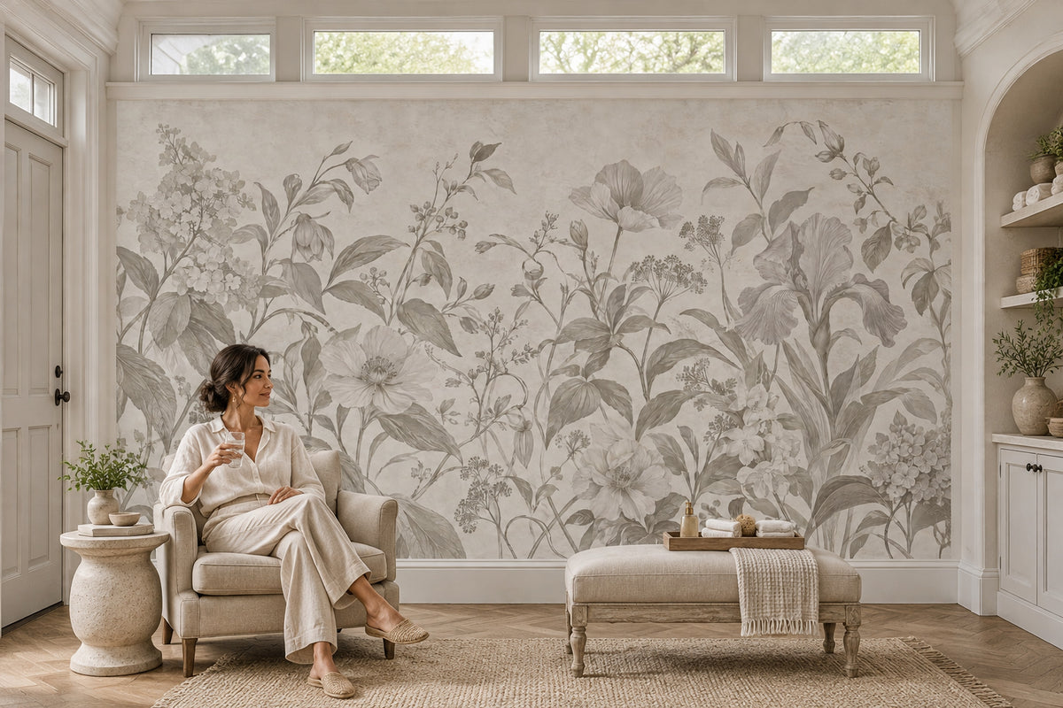 Vintage Iris Flowers Wallpaper Gray Botanical Wall Mural