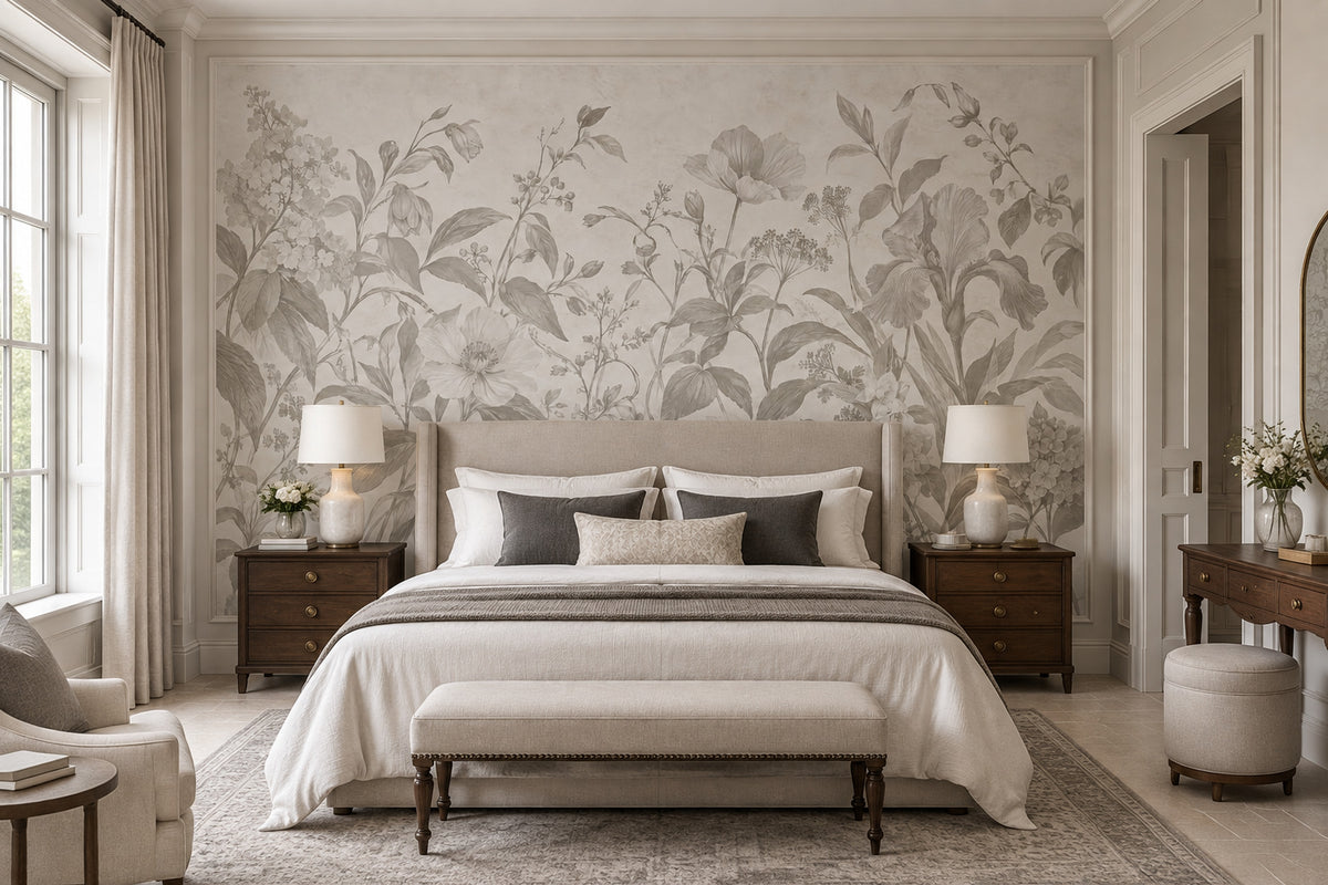 Vintage Iris Flowers Wallpaper Gray Botanical Wall Mural