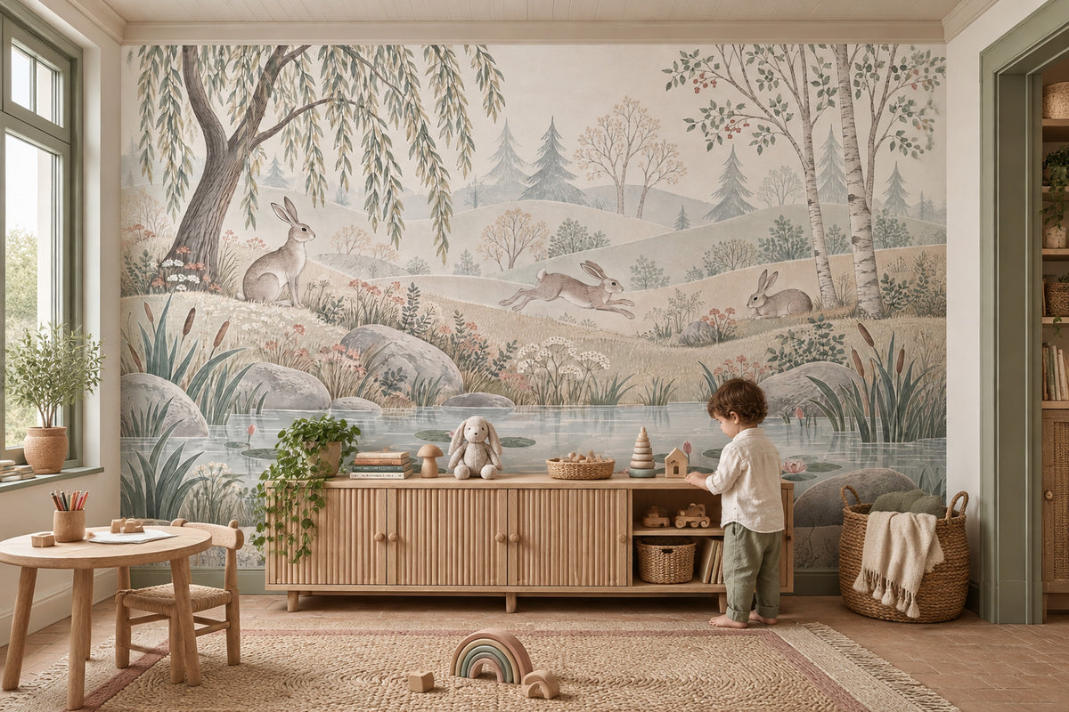 Watercolor Rabbits Pond Wallpaper Woodland Landscape Wall Mural