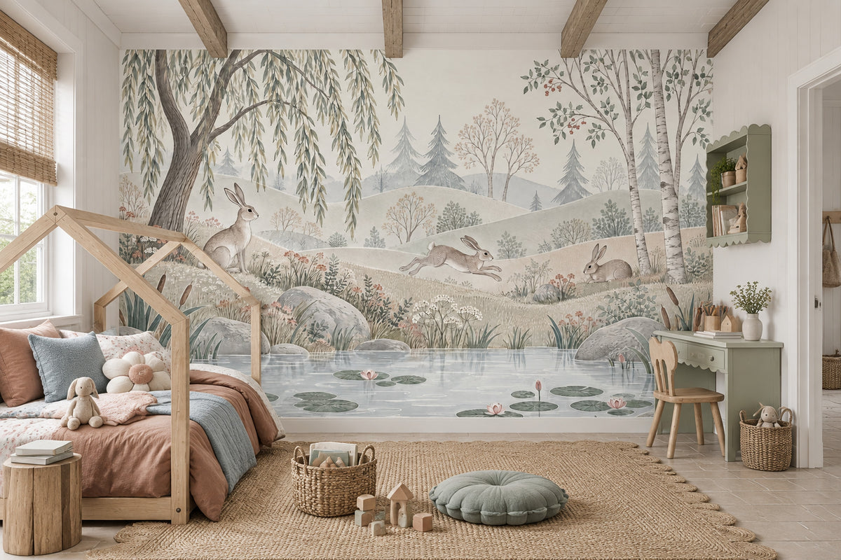 Watercolor Rabbits Pond Wallpaper Woodland Landscape Wall Mural
