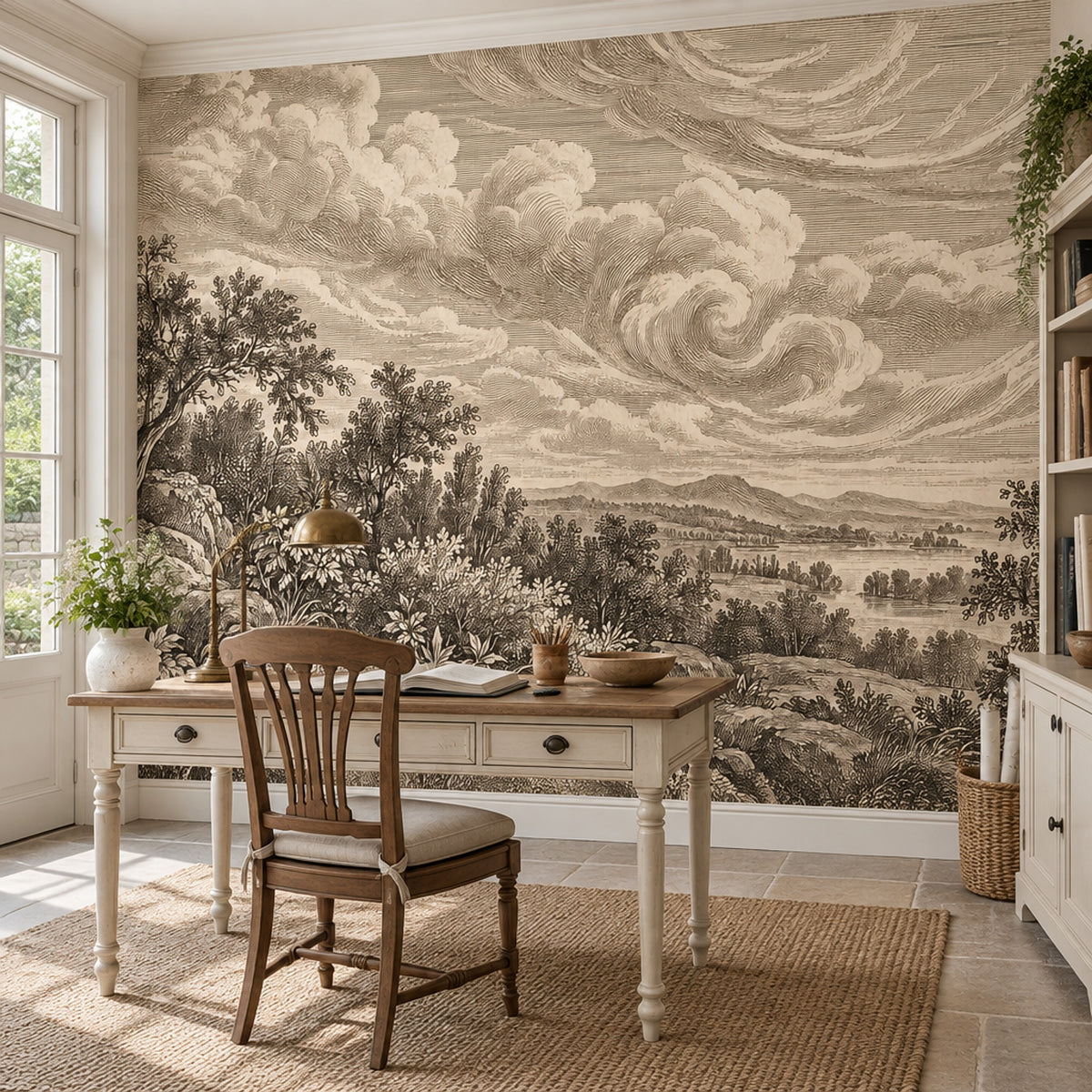 Sepia Pastoral Landscape Wallpaper Vintage Engraving Wall Mural