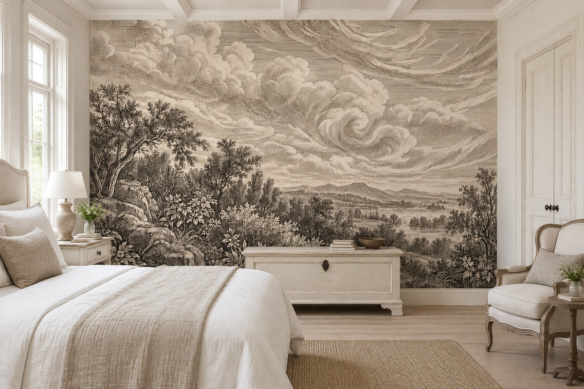 Sepia Pastoral Landscape Wallpaper Vintage Engraving Wall Mural