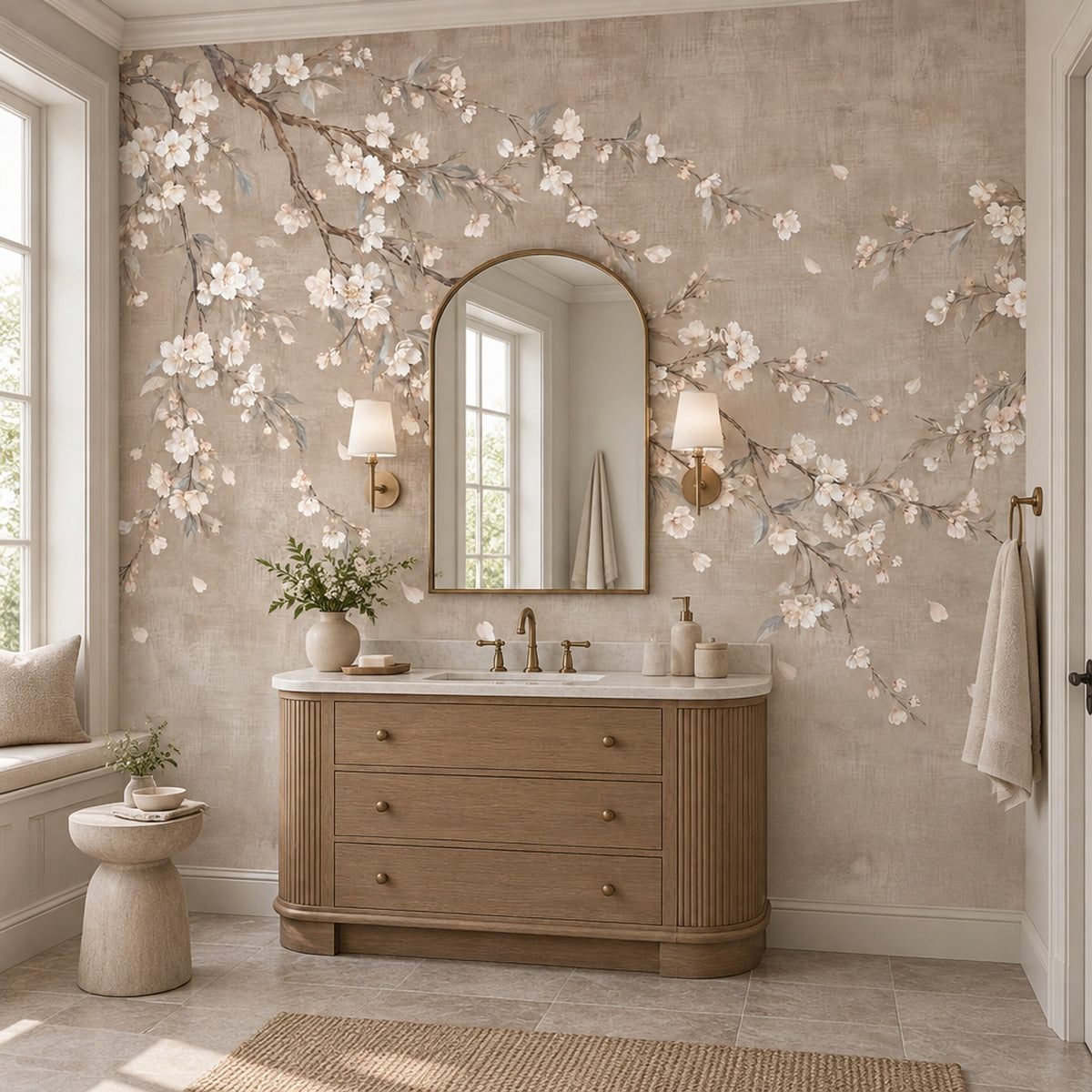 Cherry Blossom Branches Wallpaper Beige Watercolor Wall Mural