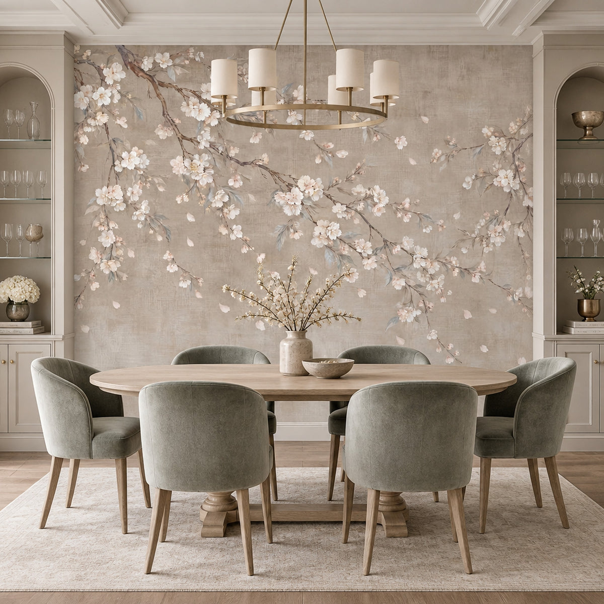 Cherry Blossom Branches Wallpaper Beige Watercolor Wall Mural