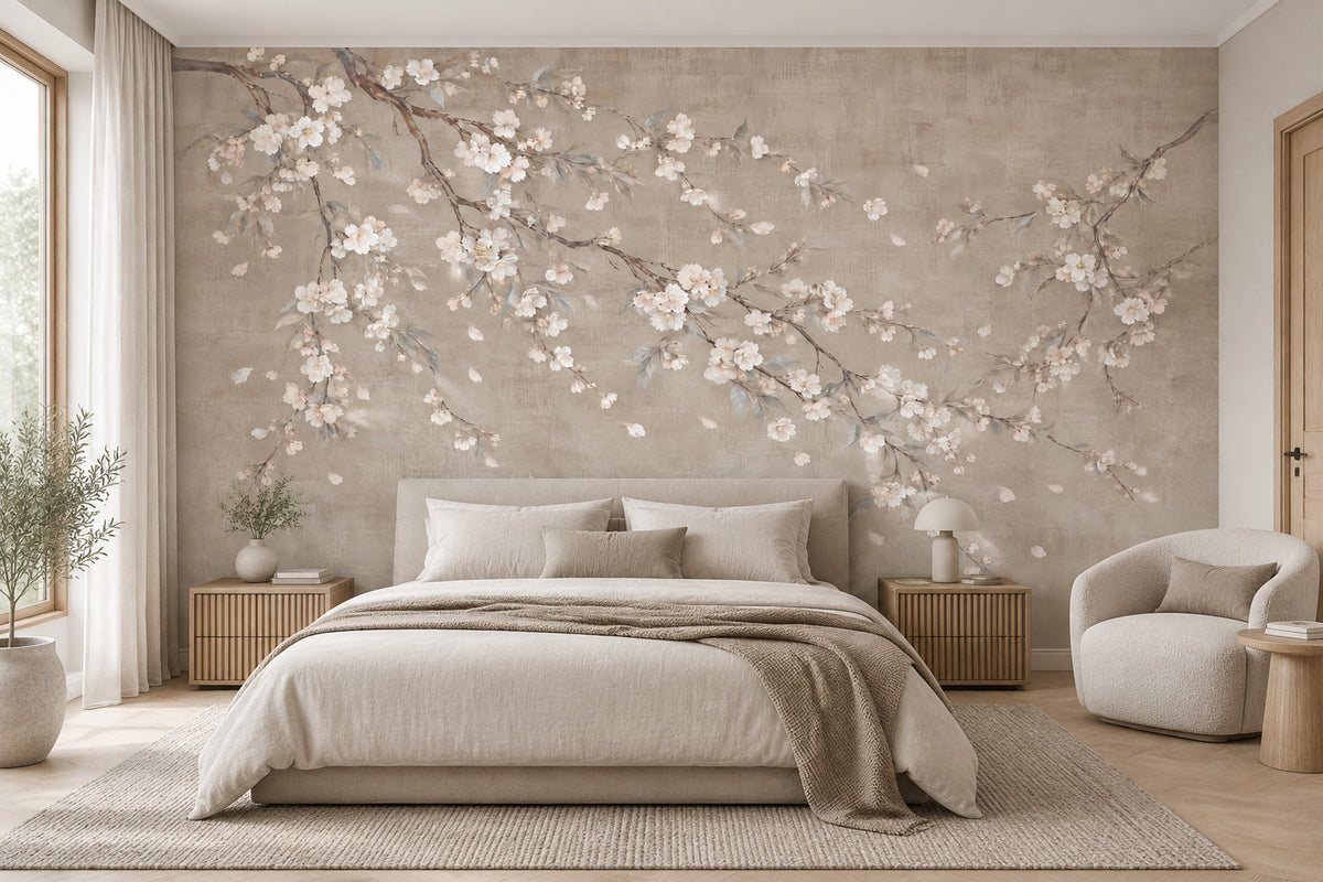 Cherry Blossom Branches Wallpaper Beige Watercolor Wall Mural