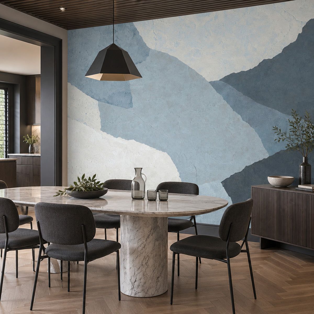 Layered Blue Gray Abstract Landscape Wallpaper Textured Plaster Wall Mural