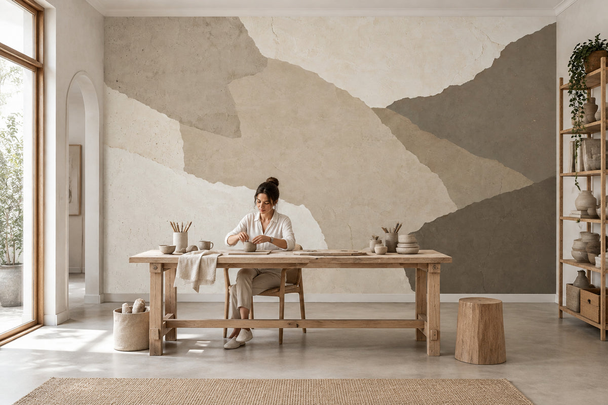 Layered Torn Paper Texture Wallpaper Neutral Beige Wall Mural