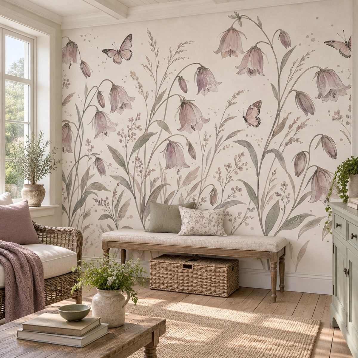 Pink Bellflowers Wallpaper Watercolor Botanical Wall Mural