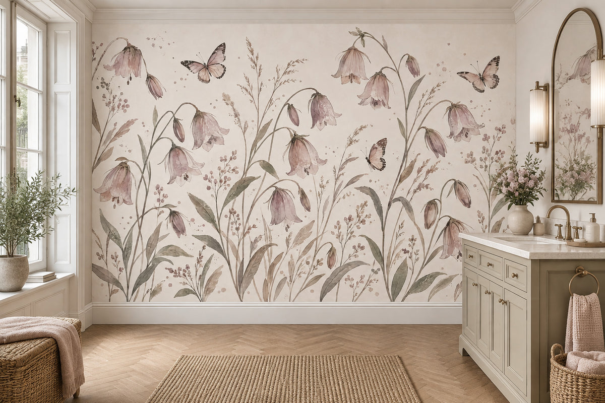 Pink Bellflowers Wallpaper Watercolor Botanical Wall Mural