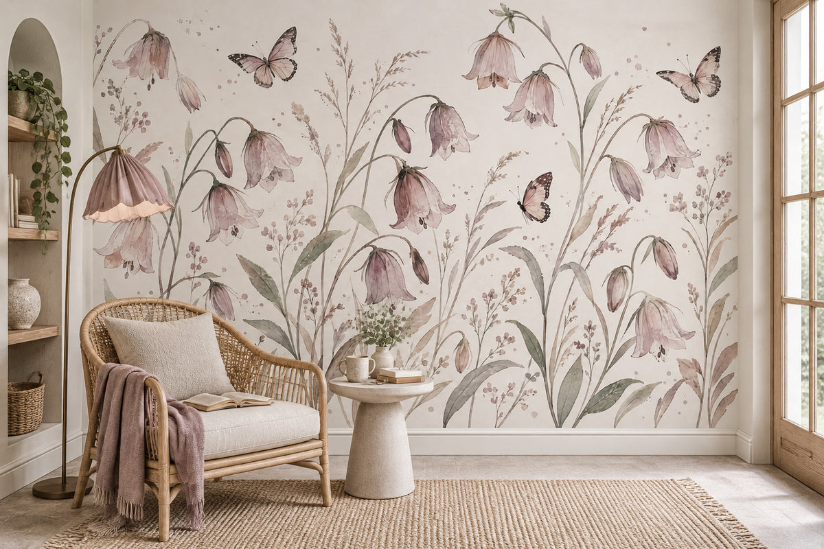Pink Bellflowers Wallpaper Watercolor Botanical Wall Mural