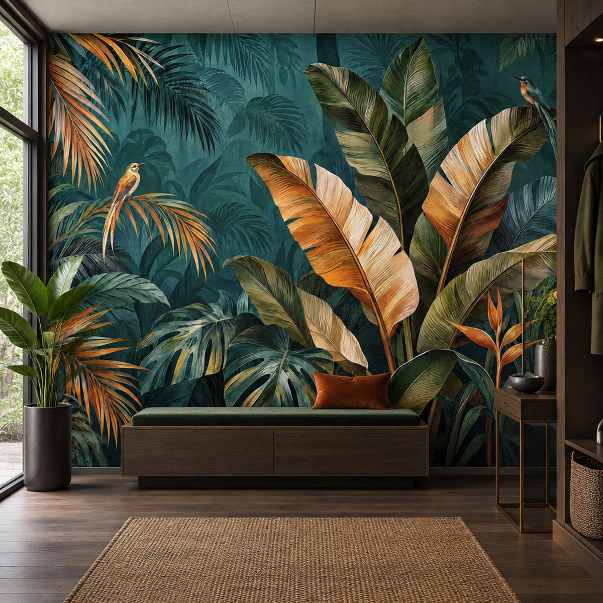 Exotic Birds And Tropical Leaves Wallpaper Teal Rainforest Wall Mural