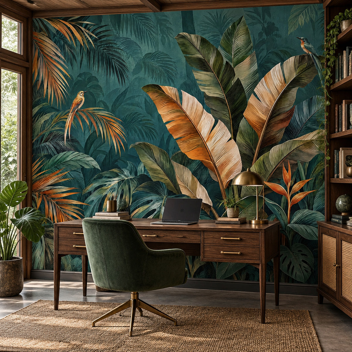 Exotic Birds And Tropical Leaves Wallpaper Teal Rainforest Wall Mural
