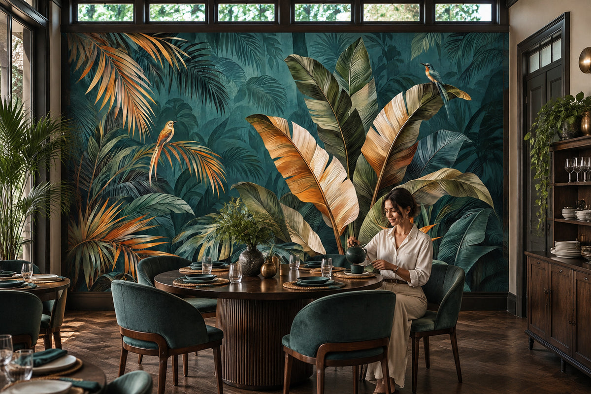 Exotic Birds And Tropical Leaves Wallpaper Teal Rainforest Wall Mural