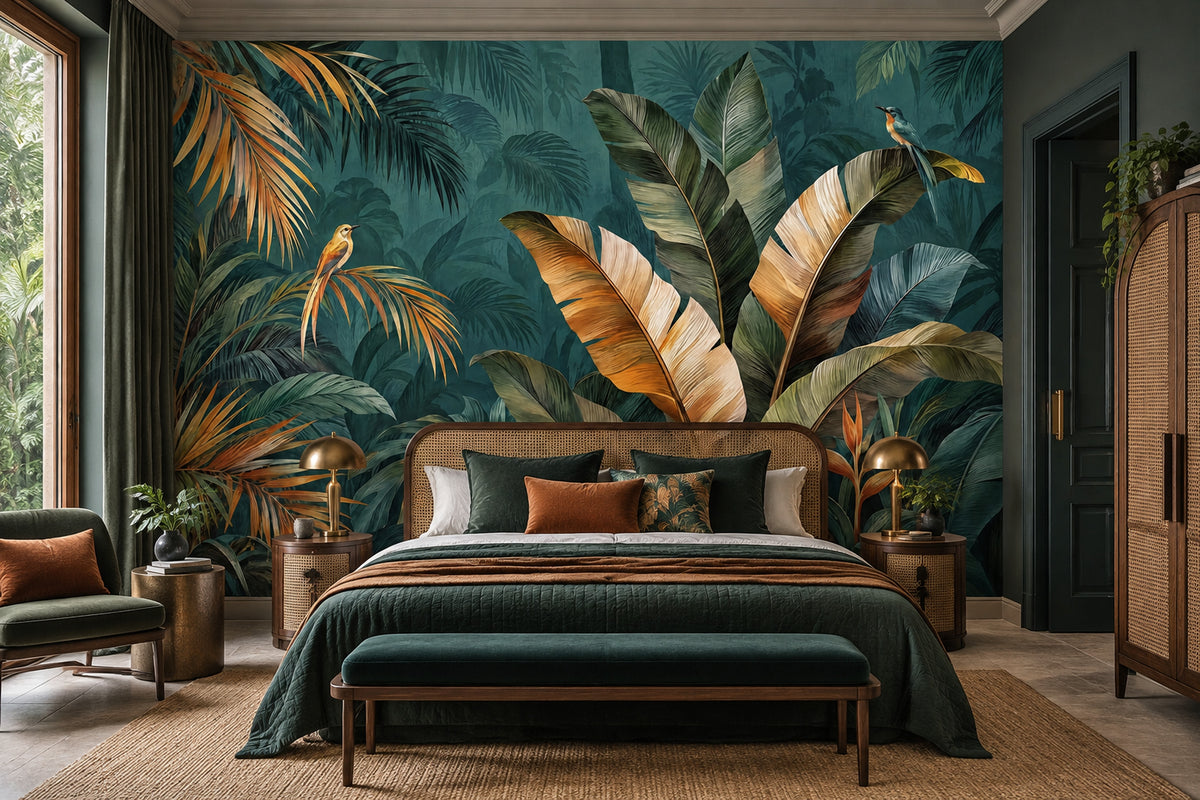 Exotic Birds And Tropical Leaves Wallpaper Teal Rainforest Wall Mural