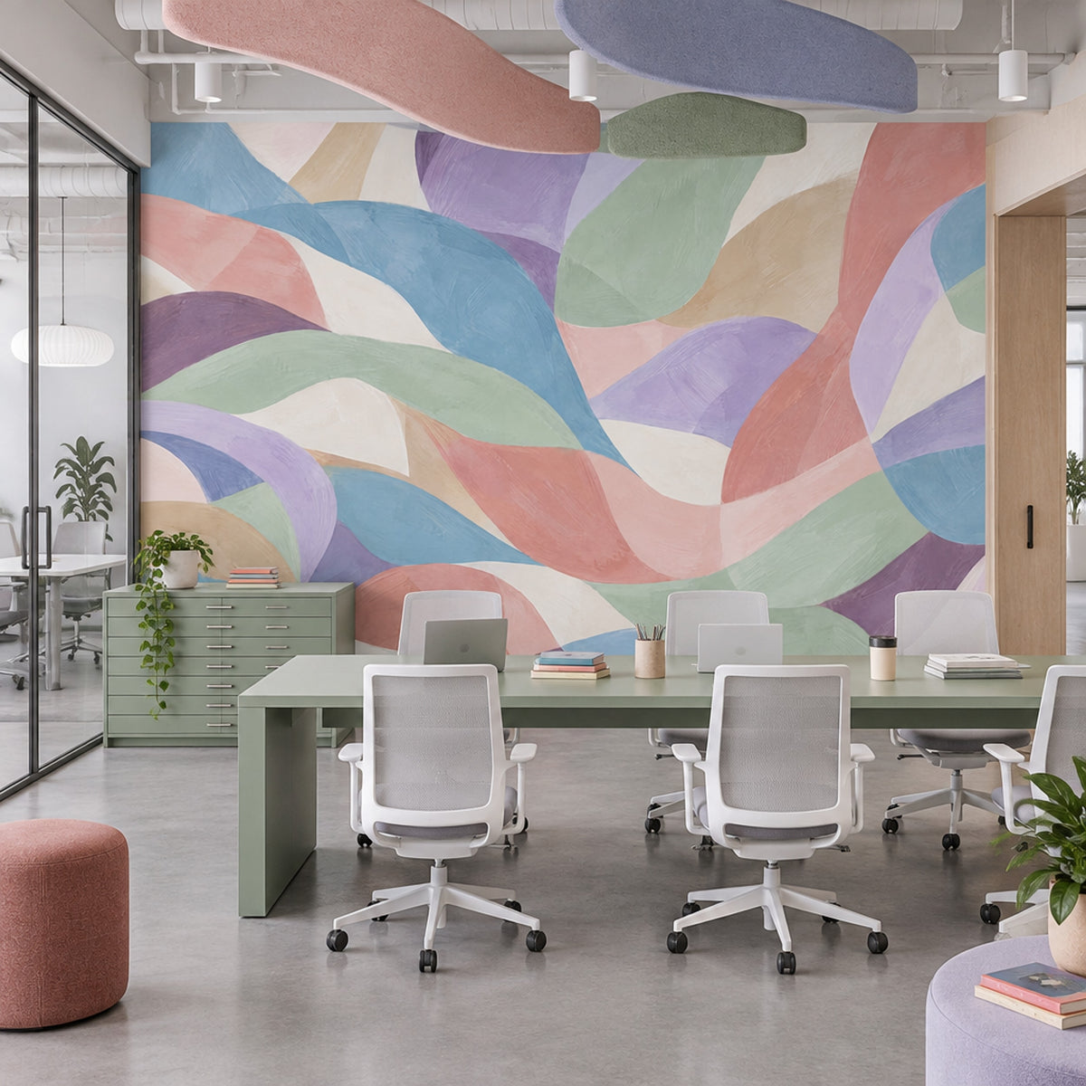 Pastel Curved Ribbons Wallpaper Modern Brushstrokes Wall Mural