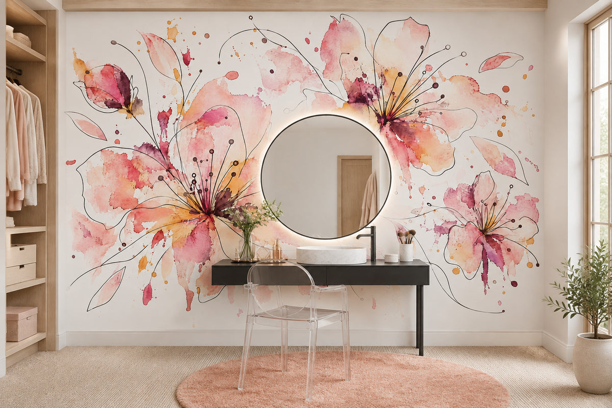Watercolor Floral Blooms Wallpaper White Background Wall Mural