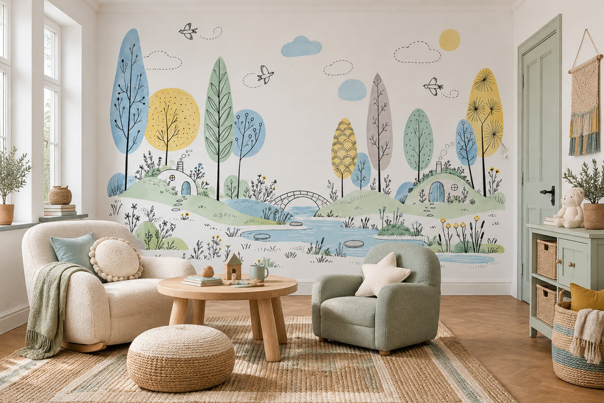 Whimsical Hillside Village Wallpaper Watercolor Landscape Wall Mural