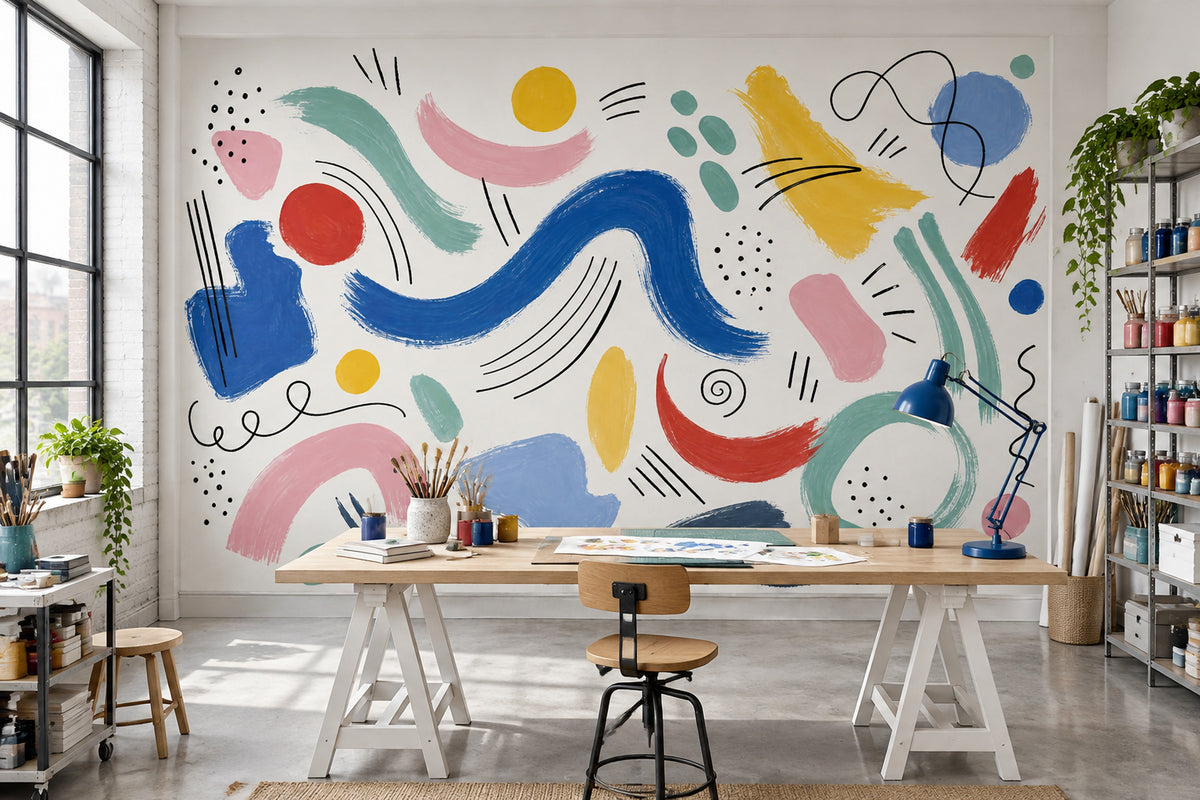 Colorful Abstract Brushstrokes Wallpaper White Background Art Wall Mural