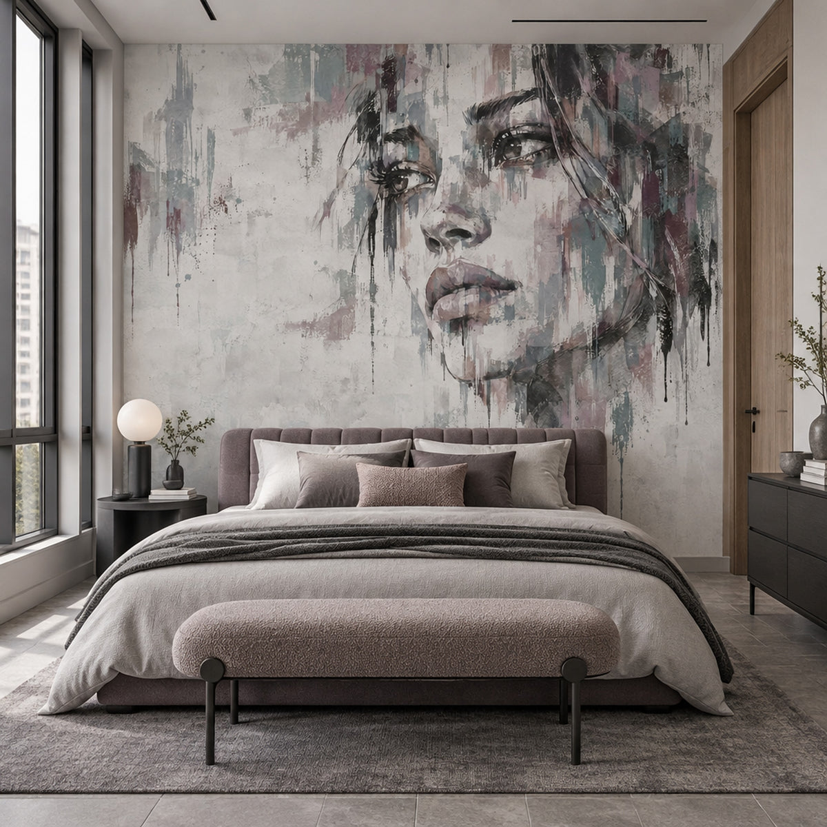 Abstract Female Face Wallpaper Gray Paint Drips Wall Mural
