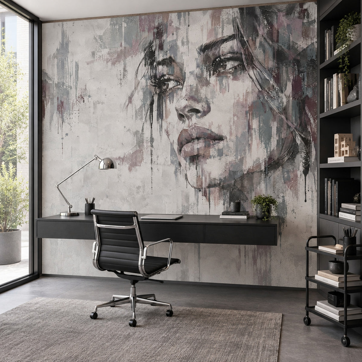 Abstract Female Face Wallpaper Gray Paint Drips Wall Mural