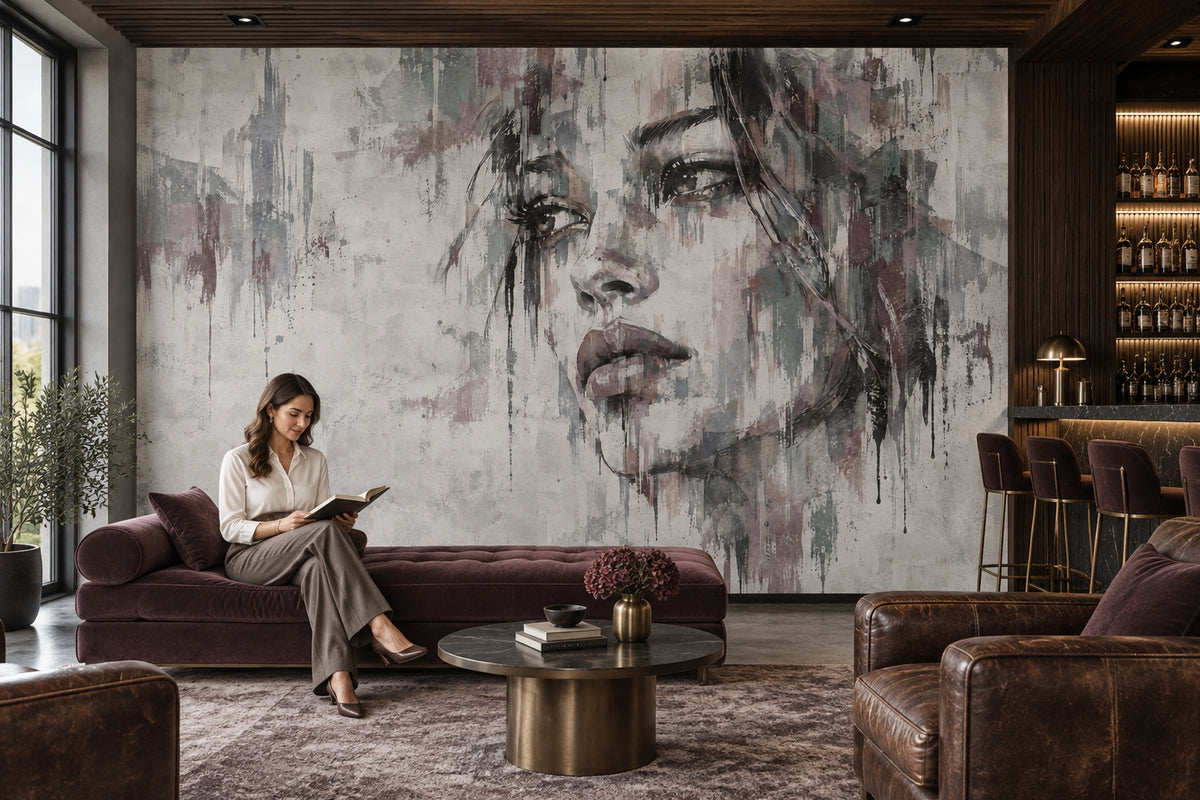 Abstract Female Face Wallpaper Gray Paint Drips Wall Mural