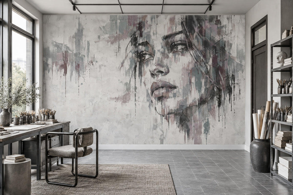 Abstract Female Face Wallpaper Gray Paint Drips Wall Mural