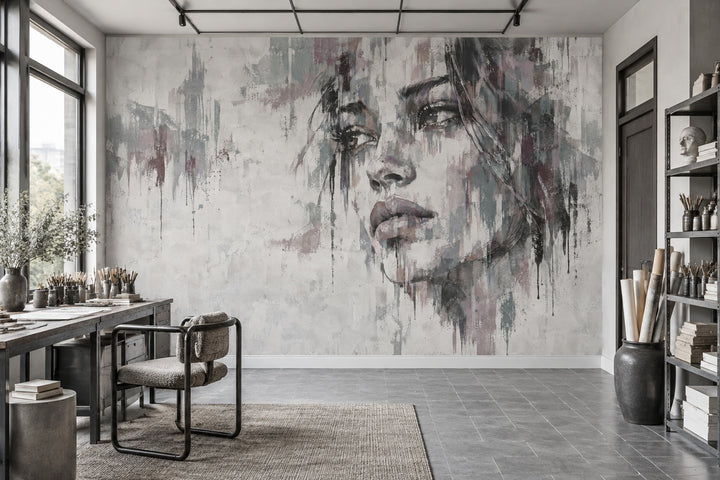 Abstract Female Face Wallpaper Gray Paint Drips Wall Mural