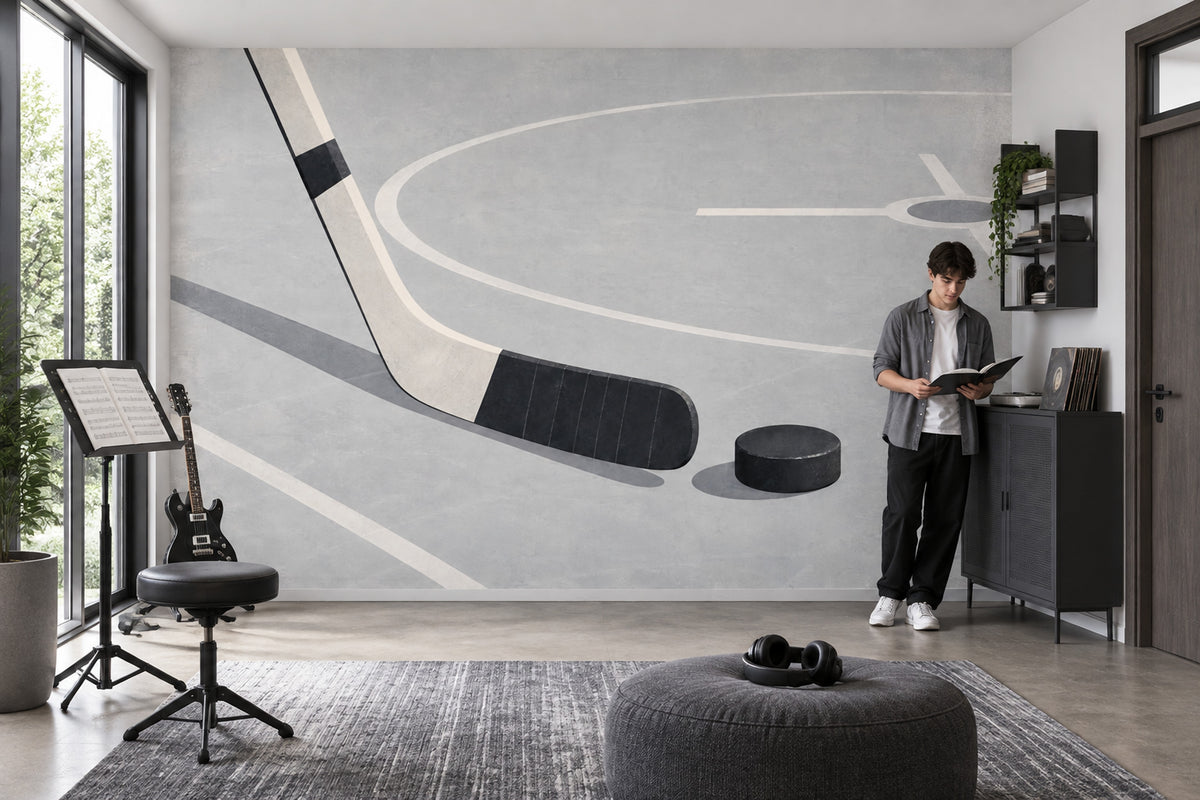 Hockey Stick And Puck Wallpaper Gray Rink Lines Wall Mural
