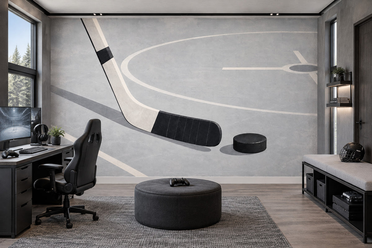 Hockey Stick And Puck Wallpaper Gray Rink Lines Wall Mural